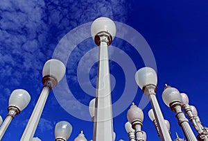 Urban Light lamppost under blue sky, Los Angeles County Museum of Art photo